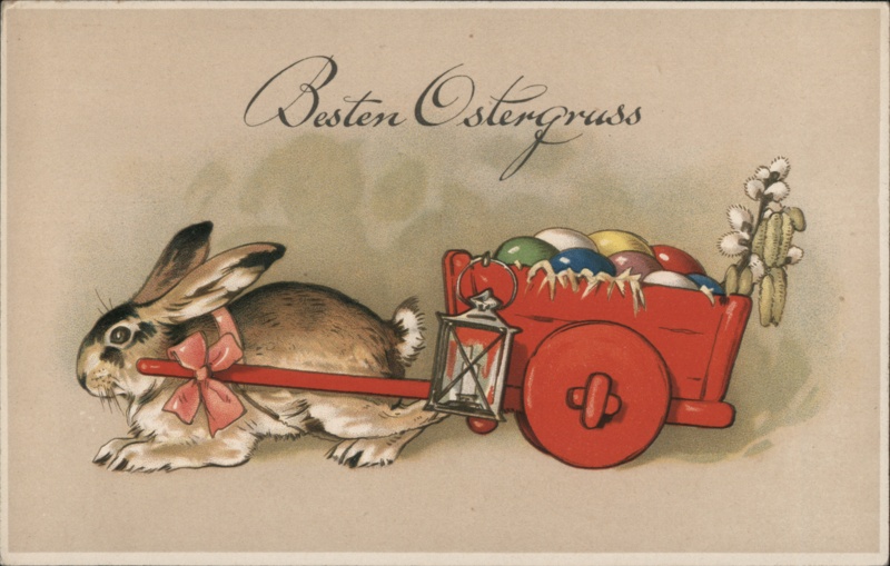 Easter Bunny with Egg Cart, Vintage German Postcard