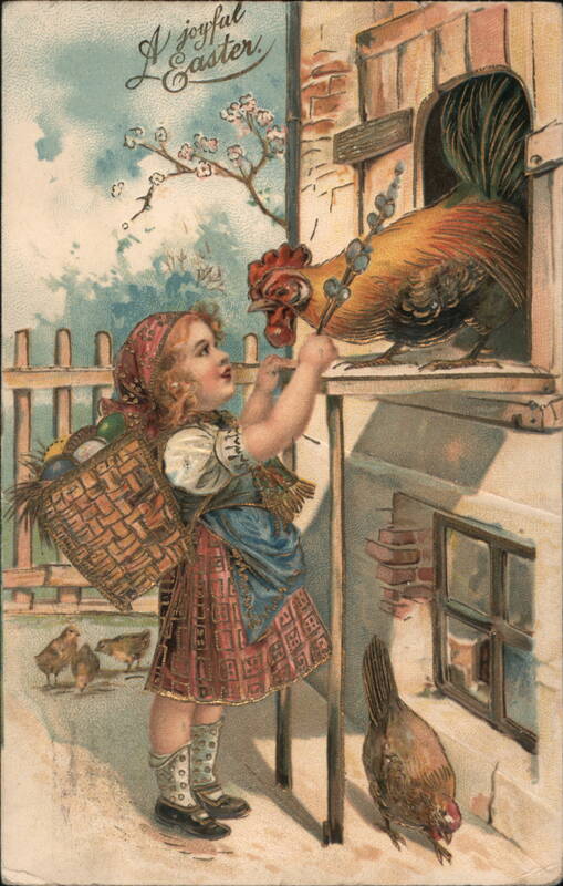 Girl Feeding Rooster, Easter Chicks, Vintage Postcard