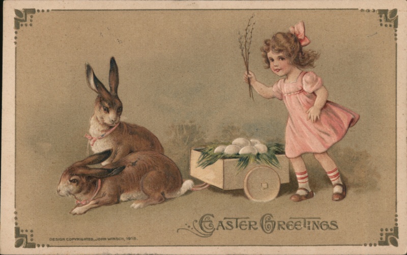 Little Girl with Easter Bunnies and Eggs - Vintage Easter Greeting