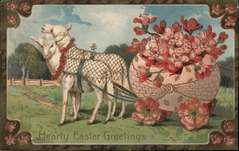 Easter Lambs Pulling Flower-Filled Egg Cart, Vintage Postcard