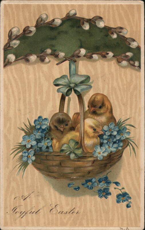 Three Chicks in a Basket Under Pussy Willow Umbrella - Easter Greeting