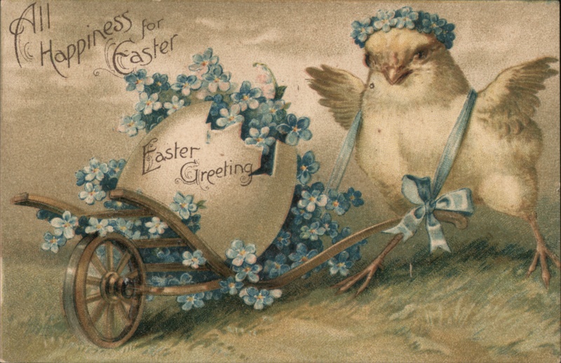 Easter Chick with Wheelbarrow, Forget-Me-Nots, Vintage Easter Greeting