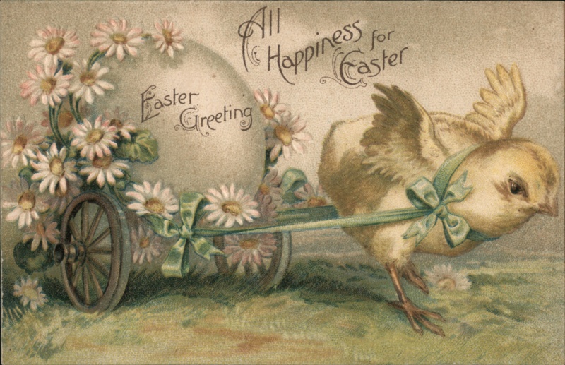 Easter Chick Pulling Egg Cart, Daisies, Vintage Postcard
