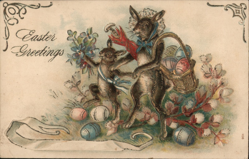 Easter Bunnies with Eggs and Flowers - Embossed, Vintage Postcard