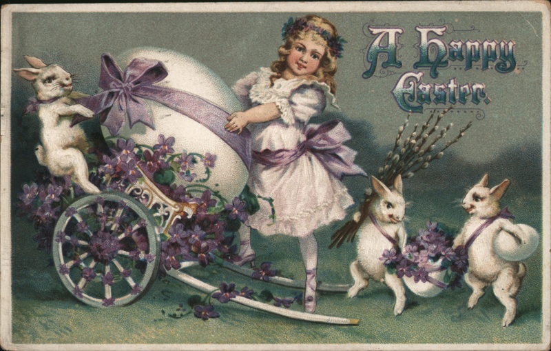 Happy Easter Girl with Giant Egg, Bunnies & Violets - Antique Postcard