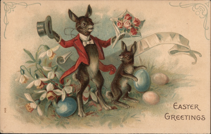 Anthropomorphic Easter Rabbits with Eggs and Flowers