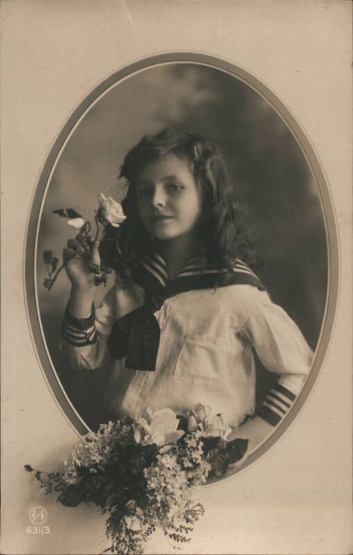 Young Girl with Rose, Sailor Outfit, Vintage Postcard