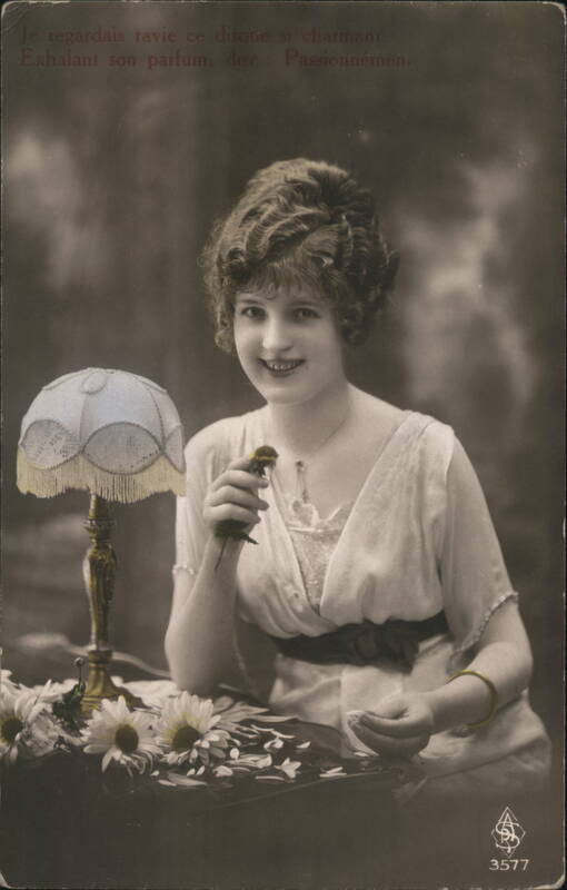 Woman with Flower, Table Lamp, Daisies - French Postcard