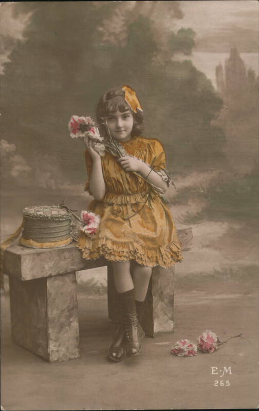 Girl with Flowers & Gift, c. 1900s, Sepia Portrait