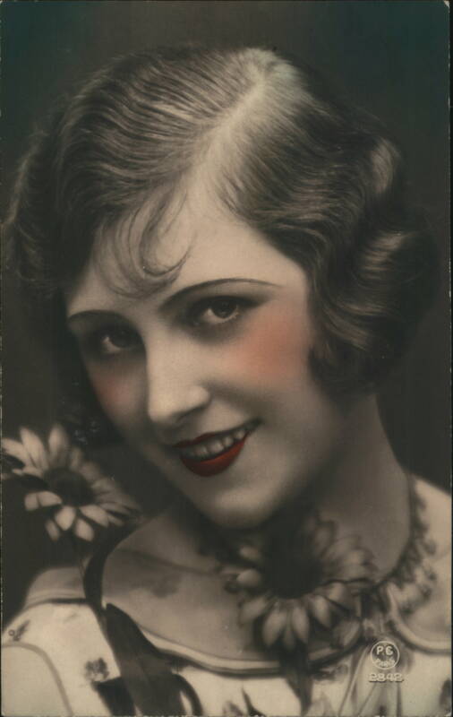 Smiling Woman with Flowers, Portrait Postcard Women