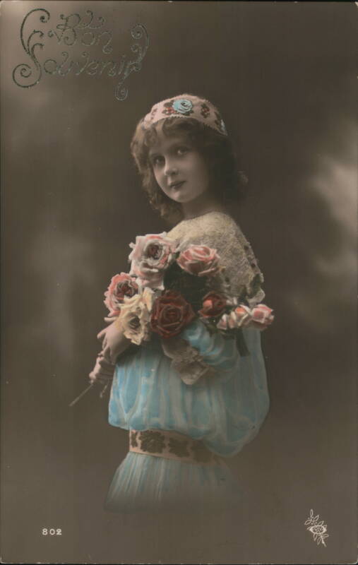 Girl with Roses, French Souvenir Postcard Girls
