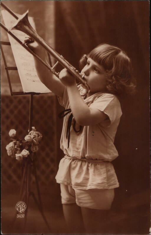 Young Girl Playing Trombone, Vintage Real Photo Postcard