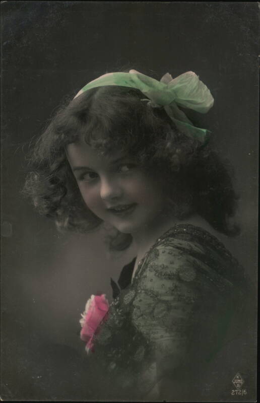 Smiling Girl with Green Bow & Pink Corsage, Portrait Postcard