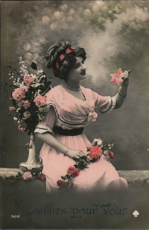 Pink Dress Lady with Flowers, French Postcard Women