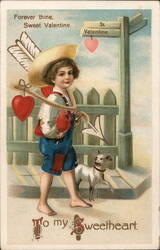 Boy with Cupid Arrows, Dog & St. Valentine Sign - Valentine's Day Postcard Postcard