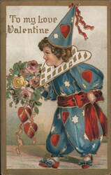 Valentine Clown with Flowers, Vintage Children's Postcard Postcard