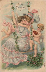 Cupid on a Swing with Woman, Valentine's Day Postcard Postcard