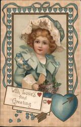 Sweet Girl in Blue with Flowers, Valentine's Day Greeting Postcard