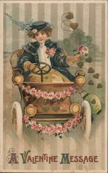 Girl in Floral Car, Valentine Message, Vintage Children's Postcard Postcard