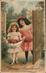 Two Girls with Roses Embossed Valentine's Postcard Postcard