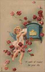 Cherub Mailing Valentine, Path of Roses - Embossed Postcard Postcard