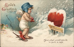 Cupid in Snow Shoes, Valentine's Day Greeting, Vintage Postcard Postcard