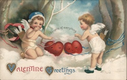 Two Cupids with Hearts Valentine Greetings Embossed Postcard Postcard