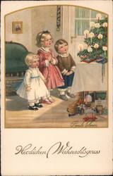 Three Children Admire a Christmas Tree - Vintage Holiday Scene Postcard