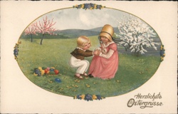 Children with Bunny and Easter Eggs - Vintage Easter Greeting Postcard