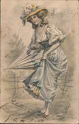 Woman with Parasol in the Rain, Embossed, c. 1900s Postcard