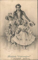 Children with Flowers, Froliche Weihnachten, Vintage Holiday Postcard Postcard