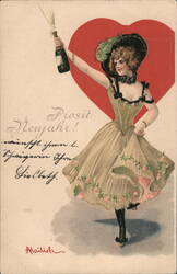Prosit Neujahr! Woman with Champagne, Embossed Valentine, c. 1900s Postcard