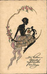 Art Nouveau Birthday Greeting: Woman on Crescent Moon Postcard