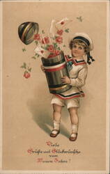 Boy with New Year's Gift Box - Vintage German Holiday Postcard Postcard