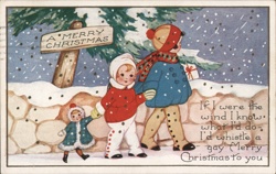 Children Walking in Snow, Merry Christmas Greeting, Vintage Holiday Scene Postcard