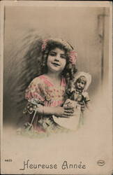 Girl with Doll, Happy New Year Postcard, Paris, France - Colorized Postcard