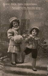 Children with Evergreen Branch, Snowy Christmas Scene - Vintage Postcard Postcard