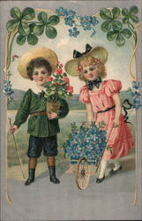 Children with Flowers & Wheelbarrow, Vintage Holiday Postcard Postcard