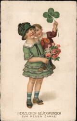 Children with Four-Leaf Clover & Flowers - German New Year's Greeting Postcard