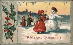 Children Building Snowman, Winter Scene - Christmas Postcard Postcard