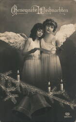 Two Angels at Christmas, Germany, Vintage Holiday Postcard Postcard