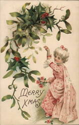 Little Girl Reaching for Mistletoe, Pink Dress, Merry Xmas Postcard