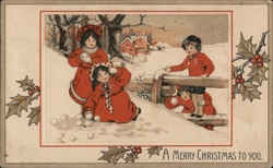 Children Playing in Snow, Winter Holiday Scene, Red Coats Postcard