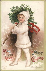 Snowy Child with Evergreen Sprig - Ellen Clapsaddle Christmas Postcard