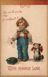 Boy with Dog & Valentine Letter, Embossed Hearts, Vintage Postcard Postcard