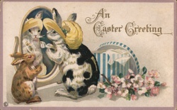 Rabbits in Easter Bonnets, Vintage Easter Greeting Postcard Postcard