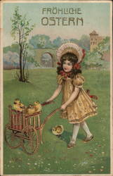 Girl with Chicks in Cart, Froliche Ostern, German Easter Postcard Postcard
