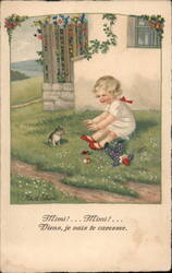 Charming Child with Kitten and Doll, Belgium - Color Vintage Postcard Postcard