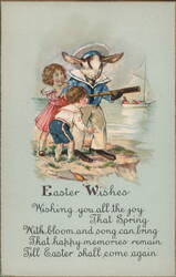 Anthropomorphic Easter Bunny with Spyglass, Children at Seaside Postcard