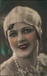 Glamorous Woman with Headscarf and Pearls, Portrait, Vintage Postcard Postcard